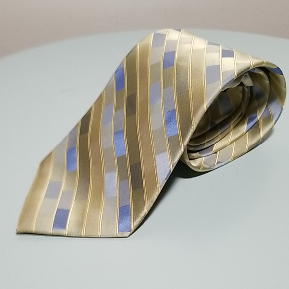 AXIST SILK Gold & Blue diagonal box strip Necktie - Picture 2 of 7